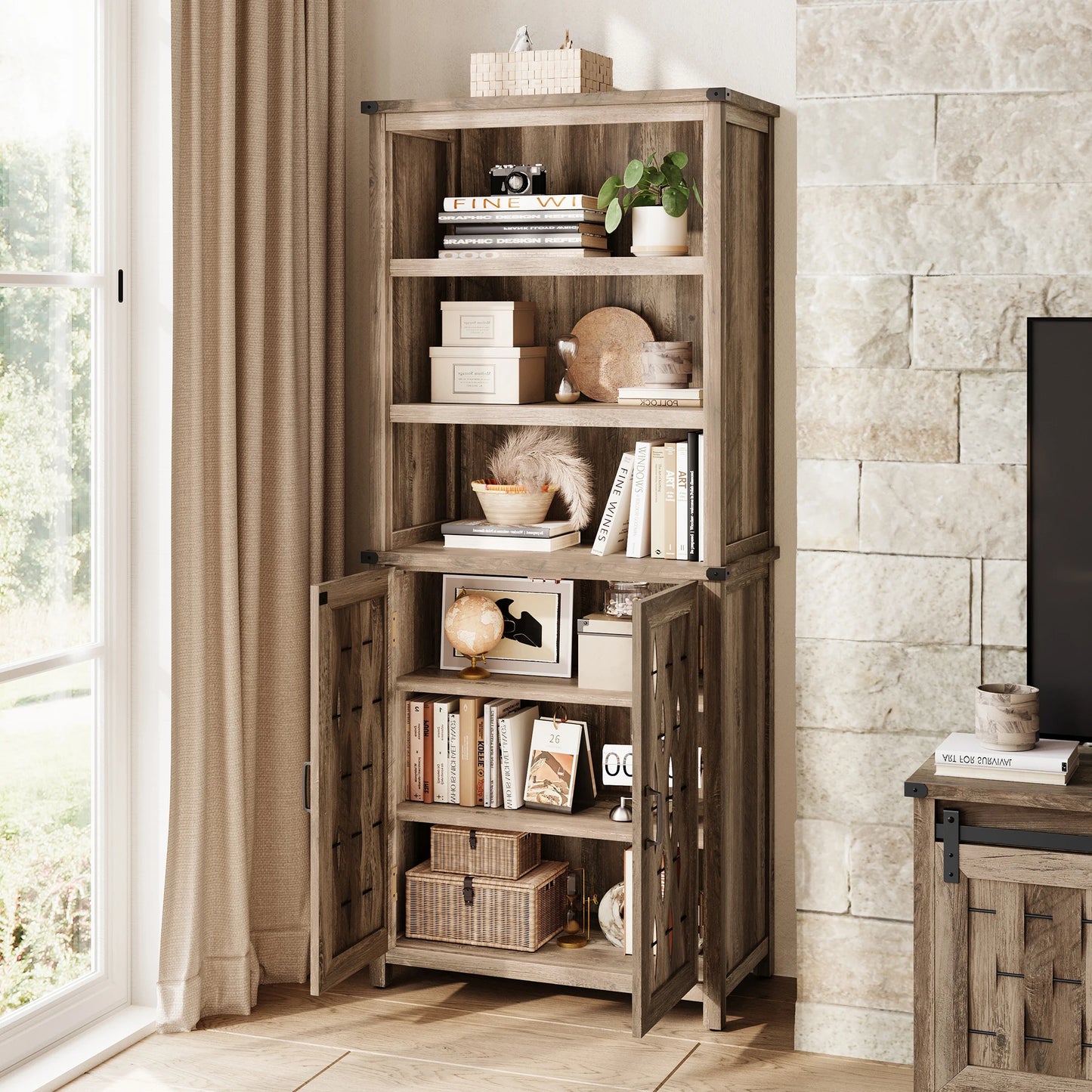 Pantry Storage Cabinet 72” Tall with 2 Doors, Removable & Adjustable 6-Tier Shelves, Farmhouse Style with a Unique Wicker-Inspired Design