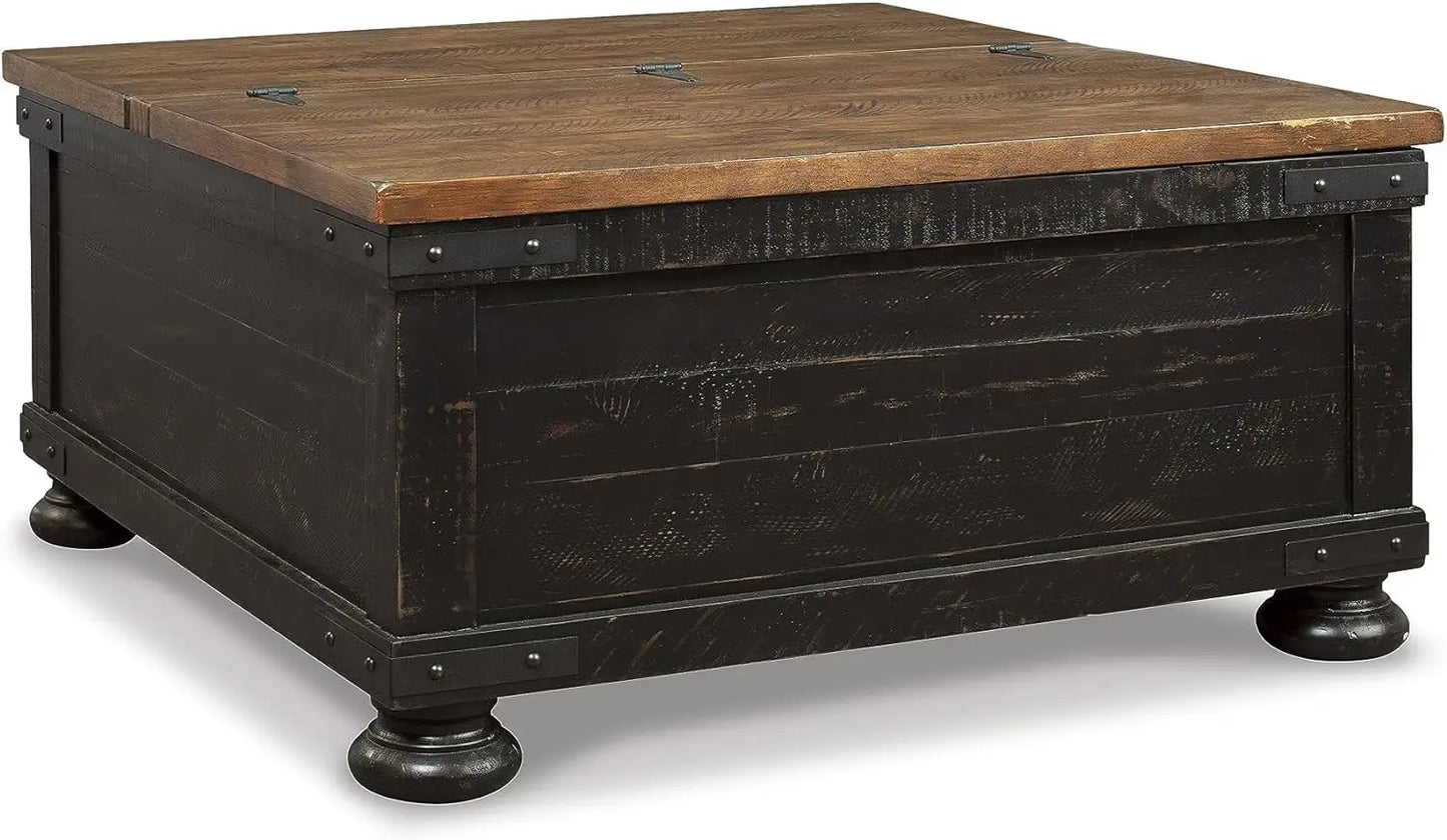 Farmhouse Square Coffee Table with Hidden Storage under 2 Side-Hinged Lift Tops, Weathered-Look with Metal Accents