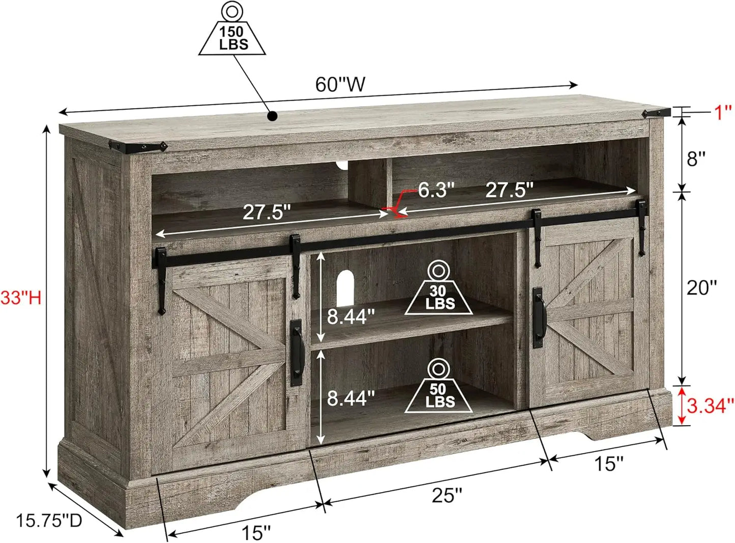 Rustic TV Stand & Entertainment Console with 2 Sliding Barn Doors, Adjustable Storage Shelves & Stationary Middle Shelves for Media Equipment