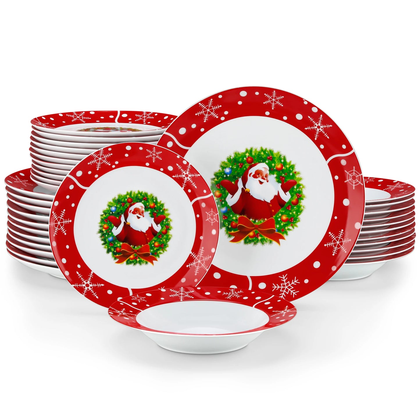 Santa Claus Christmas Dinnerware Set with Dinner Plates, Dessert Plates, Soup Plates & Cups, Premium-Grade Porcelain, Microwave & Dishwasher Safe