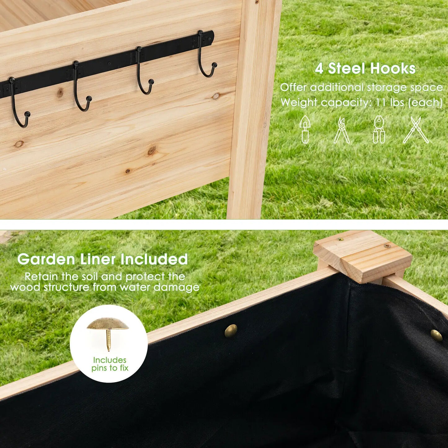 Elevated Garden Bed Wood Stand with Sloped Bottom Design, 4 Tool Hooks