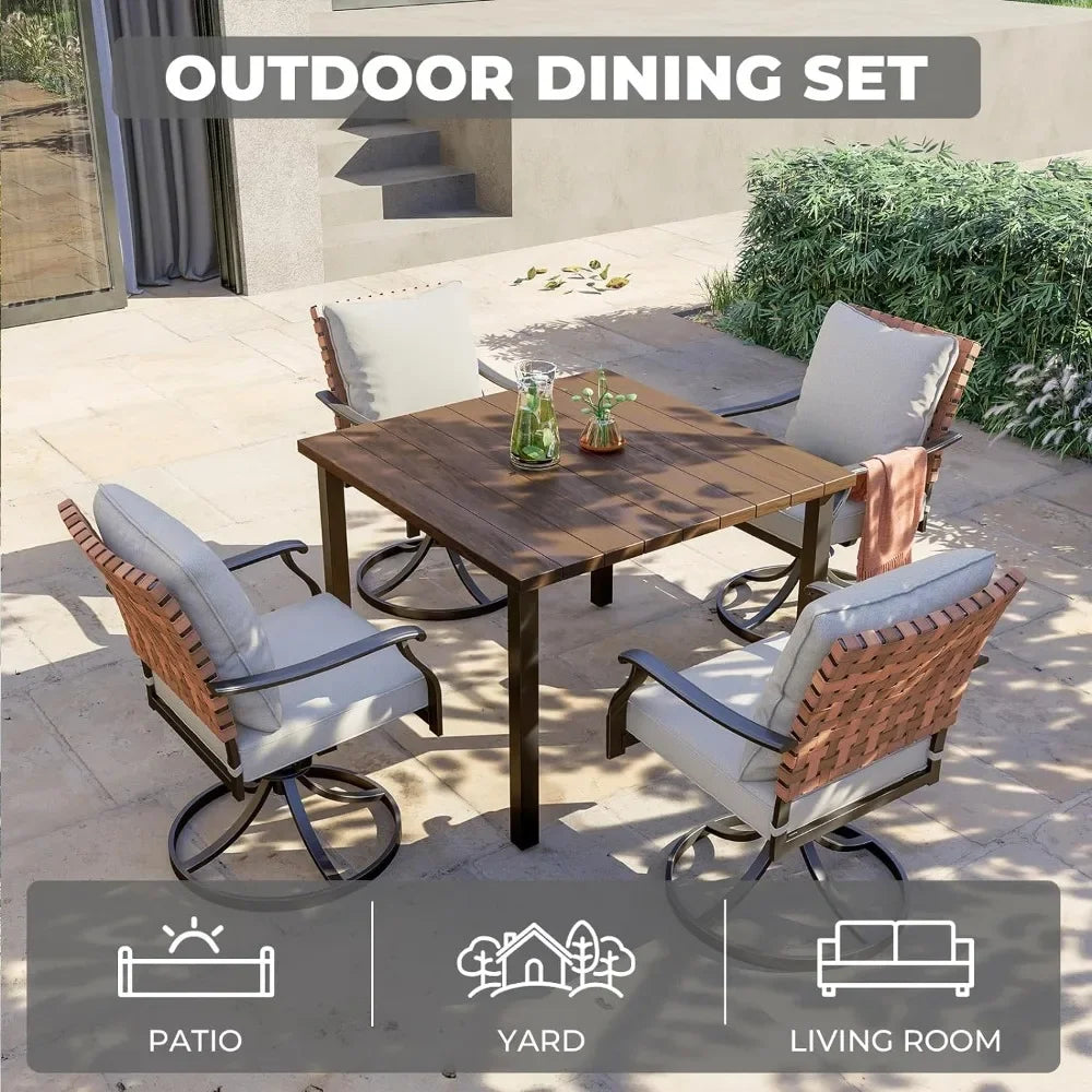 Outdoor Dining 5-Piece Set, 4 Leather-Style Wicker Swivel Patio Chairs & 1 Square Woodgrain Dining Table, 360° Swivel & 15° Gentle Rocking