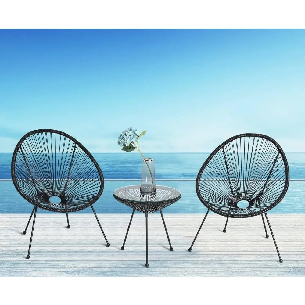 Modern Acapulco Lounge Chairs, 3-Piece Set, Made with Weather-Resistant & High-Resilient PE Chords, Glass Table Top