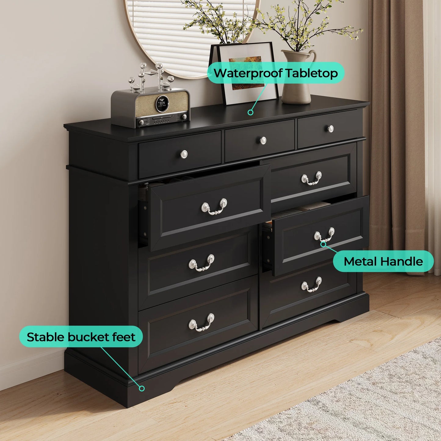 Modern Farmhouse Dresser with Antique Design Metal Handles, 9 Drawers, Crafted From High-Grade Eco-Friendly Wood