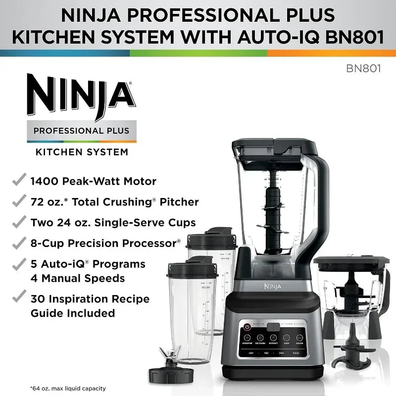 Professional Plus Kitchen System with 72 oz. Pitcher, 8-Cup Processor Bowl & 2-24 oz. Single-Serve Cups, 1400 Peak Watts, 5 Functions for Smoothies