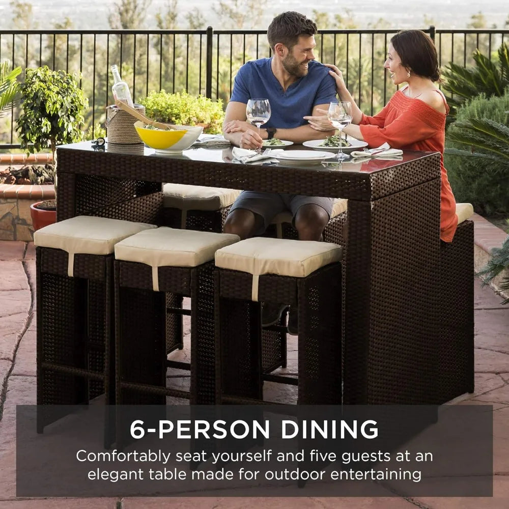 Outdoor Rattan Wicker Bar Furniture 7-Piece Set, Glass Top Table & 6 Stools, Space-Saving Design; Stools Slide Under the Table