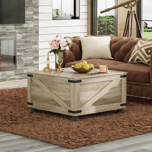 Square Farmhouse Coffee Table with Storage Space Under the Double Lift Tops & Gas Strut Hinges for Slow Close