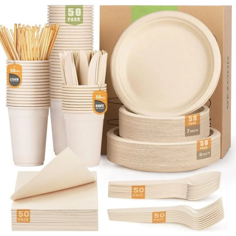 Eco-Friendly, Compostable Plates, Utensils & Cups with Straws, 350pcs