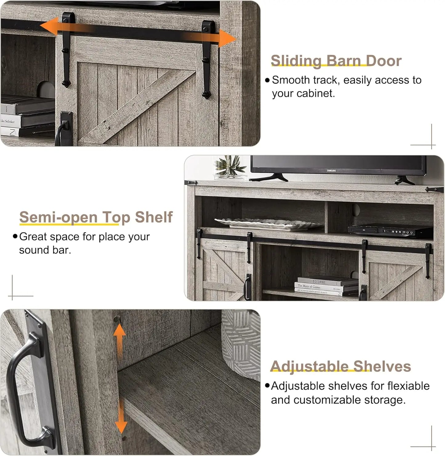 Rustic TV Stand & Entertainment Console with 2 Sliding Barn Doors, Adjustable Storage Shelves & Stationary Middle Shelves for Media Equipment