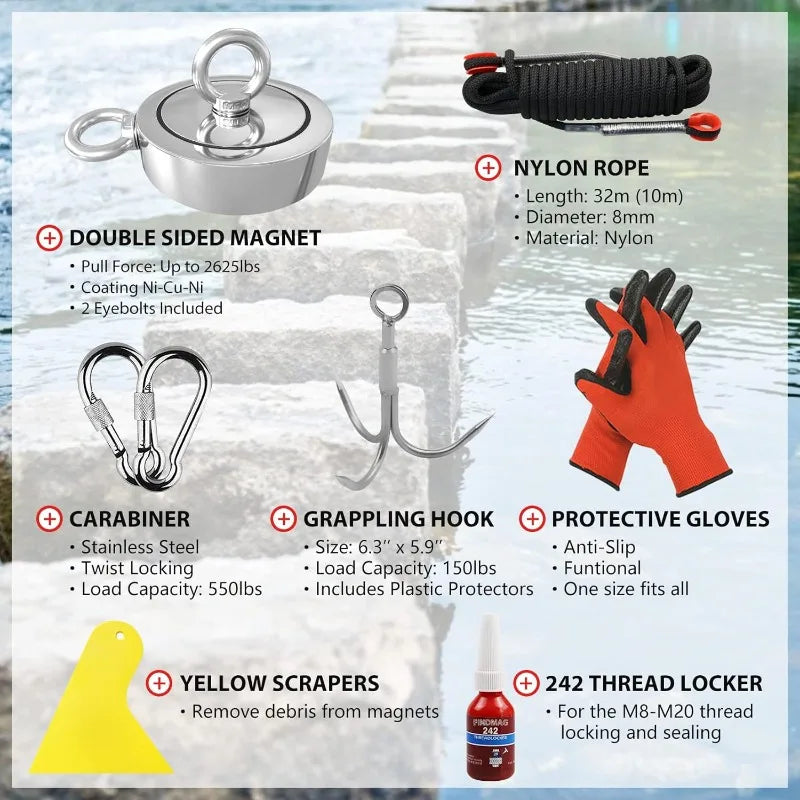 Double Sided Magnet Fishing Kit with Grappling Hook, Nylon Rope & Protective Gloves for Finding Lost Treasures in Rivers & Lakes