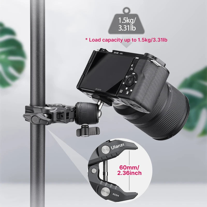 Quick Release Super Clamp with 360° Mini Ball-Head, 1/4" Stud Mount for Cameras, One-Piece Design & User Friendly