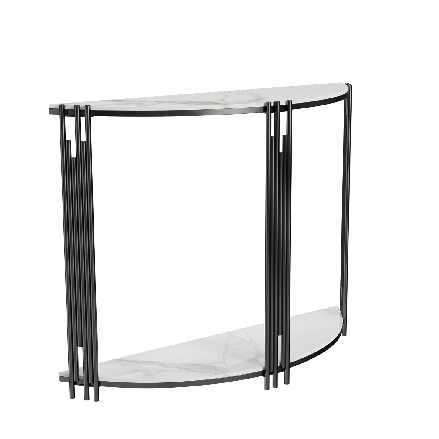 Half Moon 2-Tiered Entryway Table with Glossy White Sintered Stone Top & Black Metal Base, Place Against a Wall or The Back of Sofa