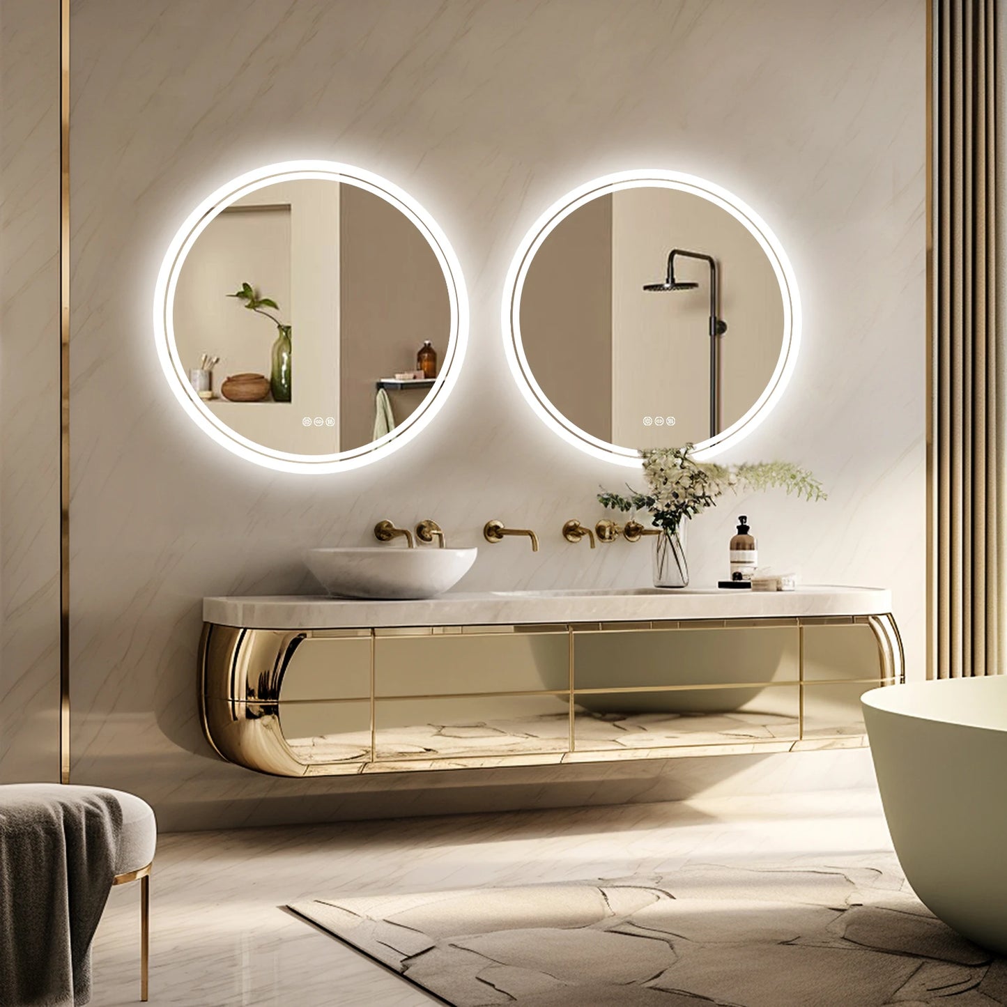 Round Backlit Illuminated Bathroom Mirror with 3 Color LED Lights, Anti-Fog, IP65, Dimmable & Wall Mounted