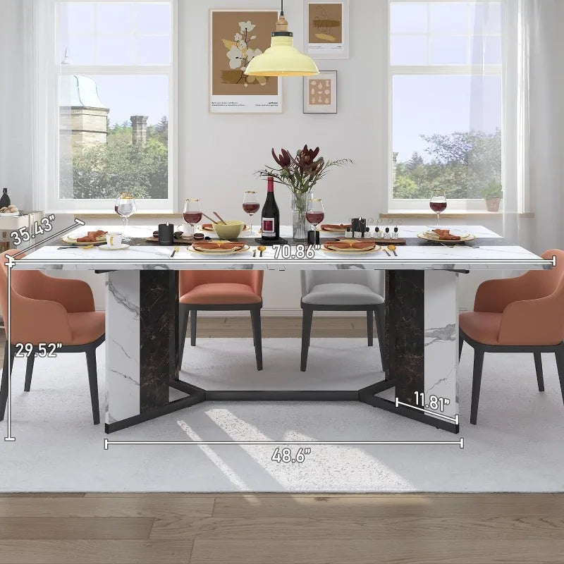 Rectangular 71" Dining Table for 4-8 People with Marble-Like Texture Tabletop, Adjustable V-Shaped Legs & Reinforced Crossbars for Stability