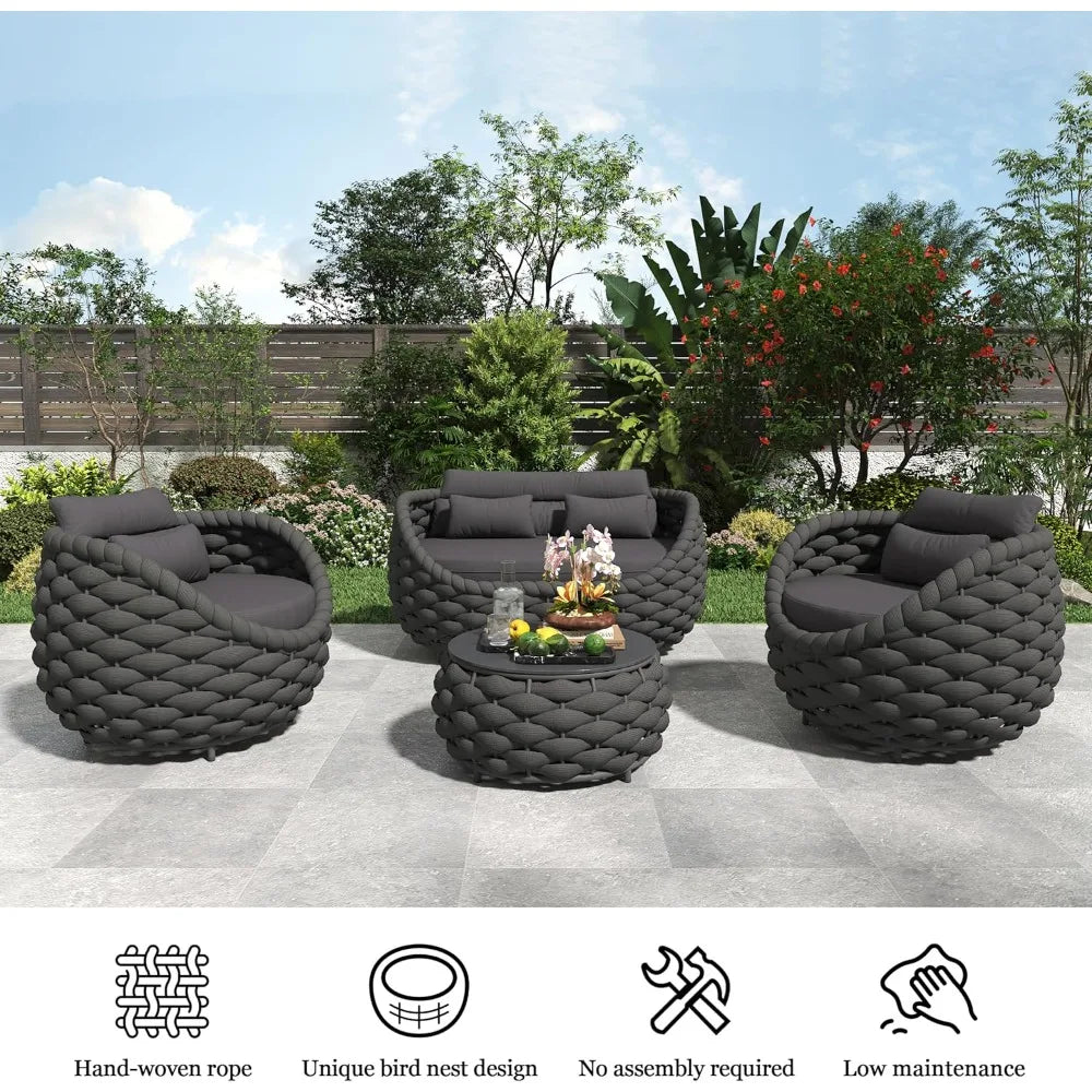 Outdoor Terrace 4-Piece Sofa Set with Aluminum Frame, Handwoven Polyester Braided Ropes, Sintered Stone Tabletop & Zippered Cushions