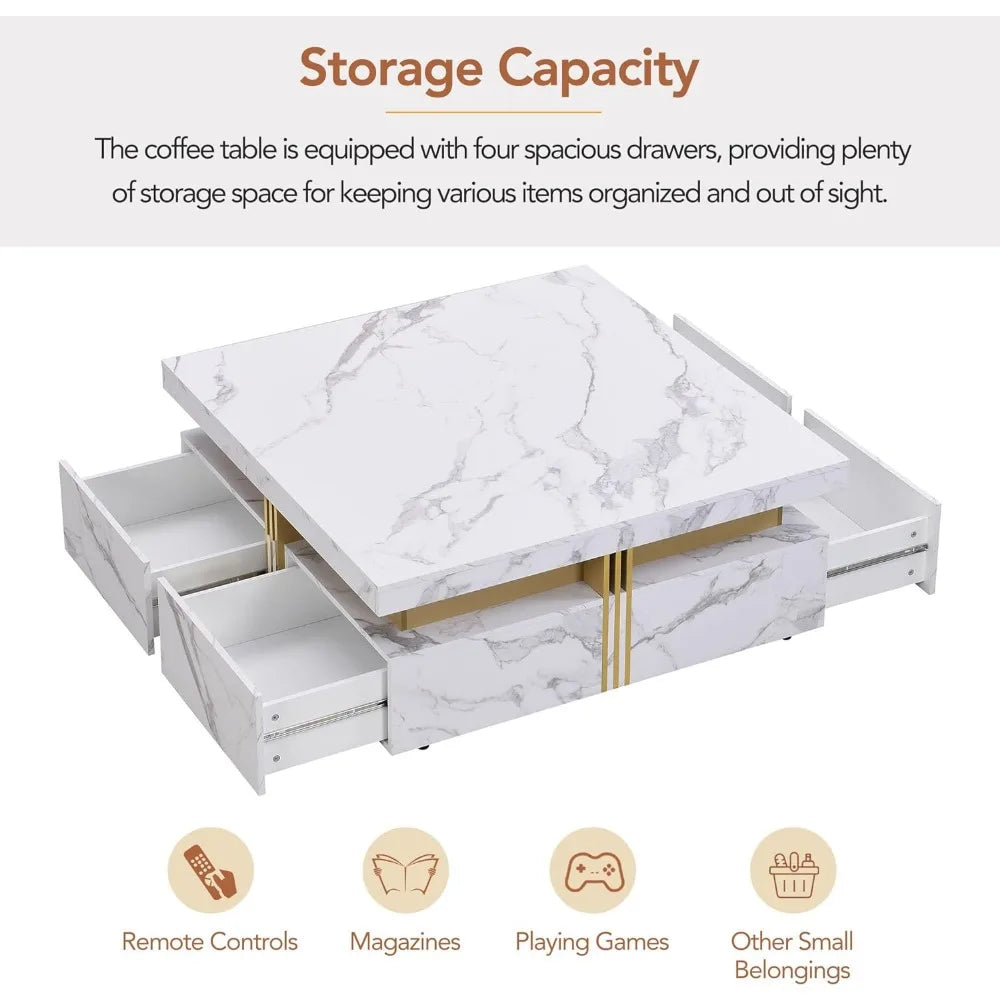 Low Profile Square Coffee Table with 4 Spacious Drawers and a Chic Marble Pattern