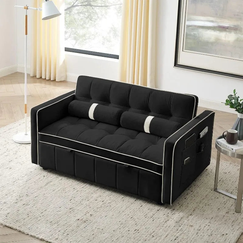 Sleeper Sofa Couch Bed, 3-in-1, Tufted Velvet Convertible Loveseat with Pullout Bed, Adjustable Backrest