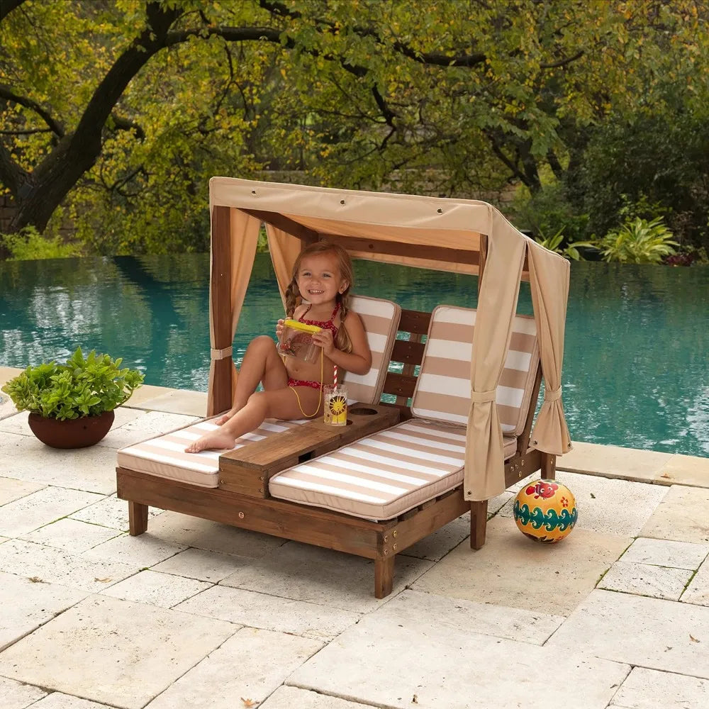 Kid's Outdoor Side-by-Side Lounge Chair with 3-Sided Awning, Hidden Storage & Cup Holders