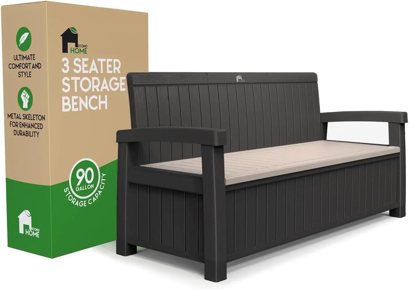 Weatherproof Resin Bench, 3 Seater, 90 Gallon Storage Capacity with Comfortable Armrests & Built-In Metal Seat Bars