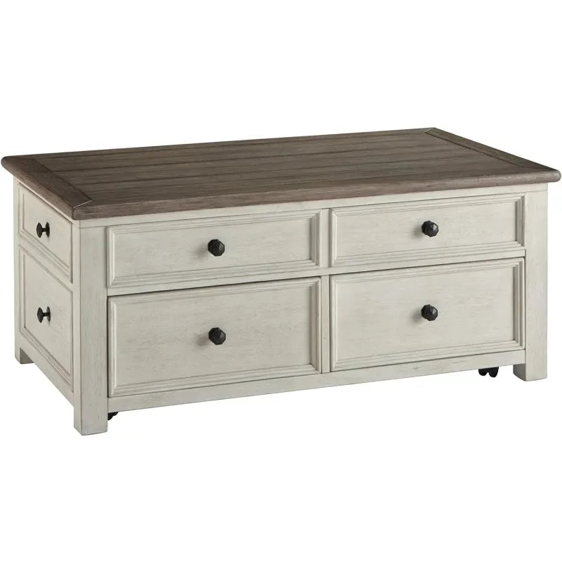 Farmhouse Spring Lift Top Coffee Table with Hidden Storage Area, 4 Smooth Gliding Drawers & Casters