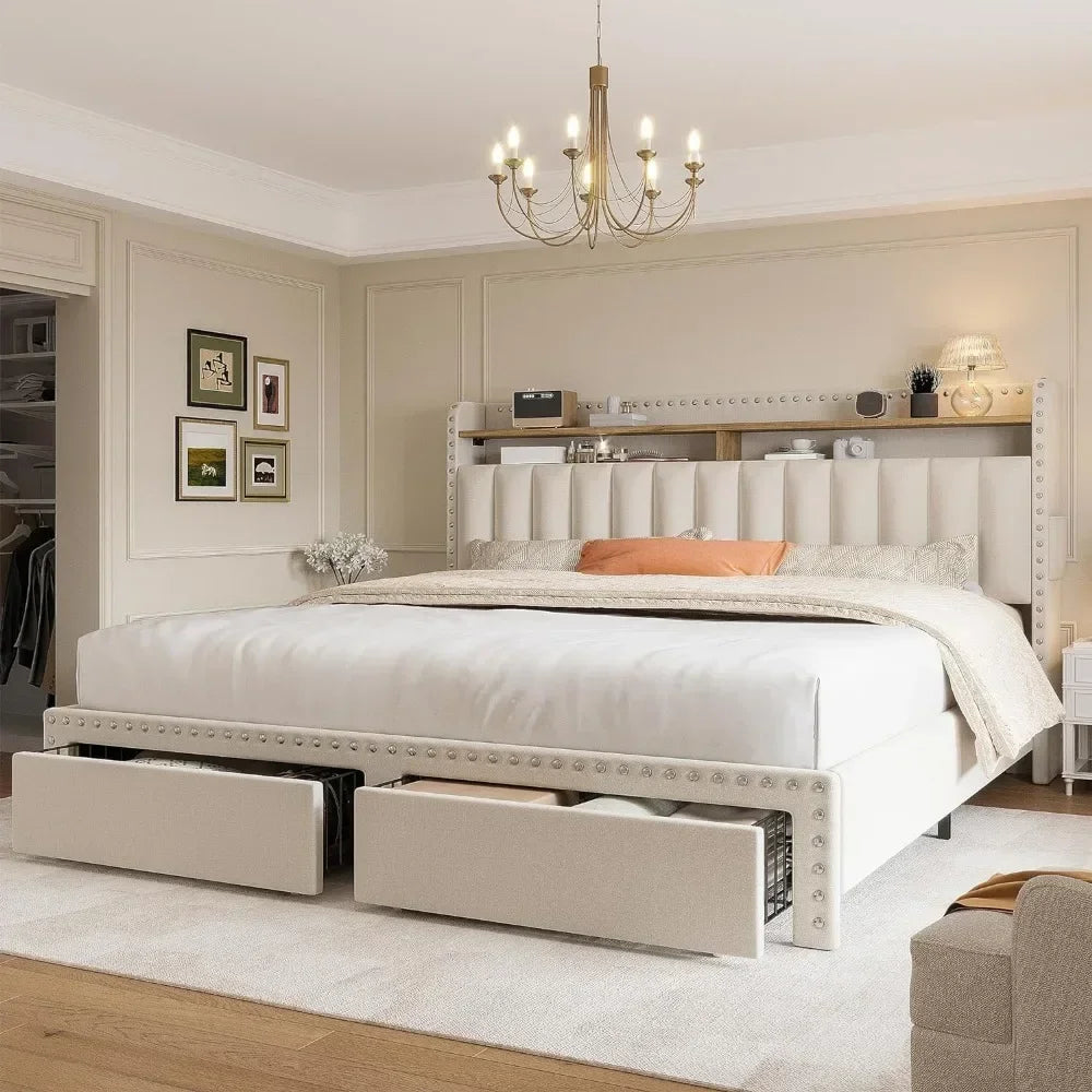 Queen Size Bed Frame with 2 Roll Out Drawers, Upholstered Headboard & Storage, No Box Spring Needed