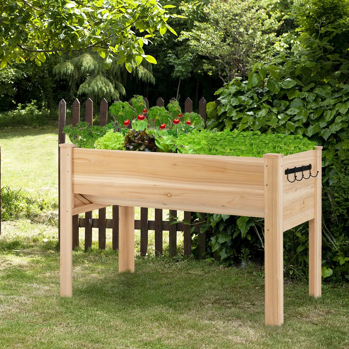 Elevated Garden Bed Wood Stand with Sloped Bottom Design, 4 Tool Hooks