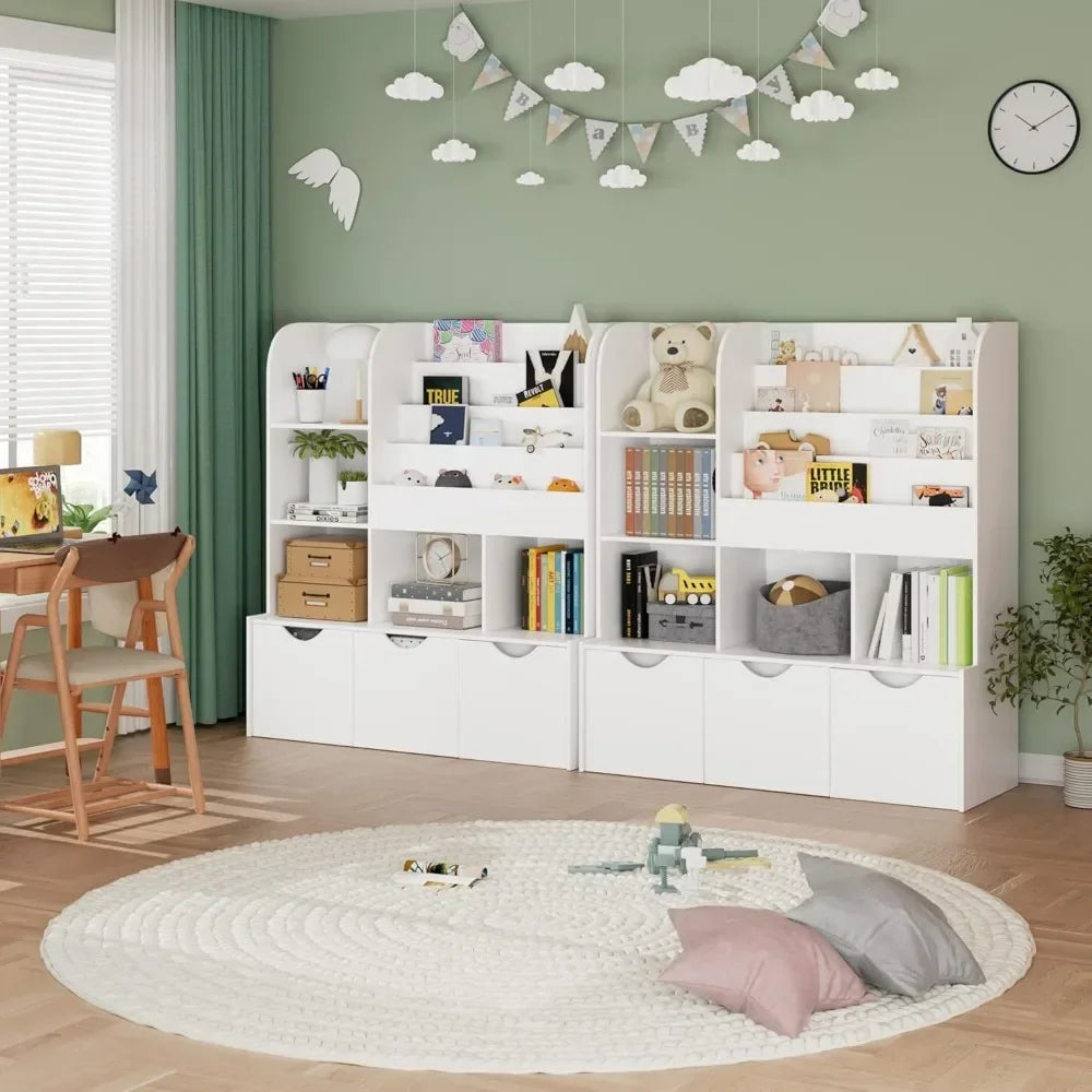 Kids Multifunctional Bookcase & Bookshelf with 5 Storage Cubbies 4 Bookshelves & 3 Rollout Drawers, Rounded Corner Book & Toy Organizer