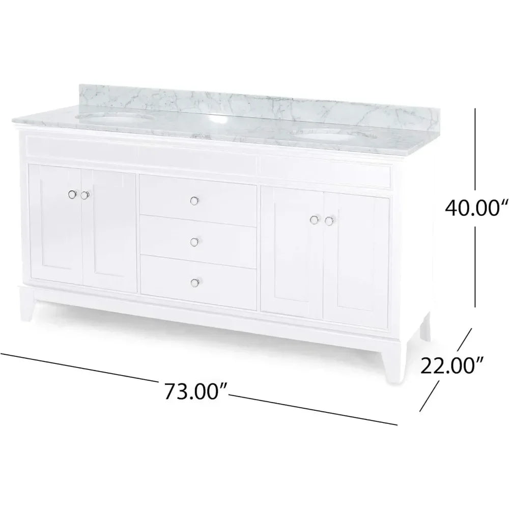 Double Ceramic Sink Bathroom Vanity with Marble Top, 3 Drawers & 2 Double Door Cabinets, 61" or 73" Length Options