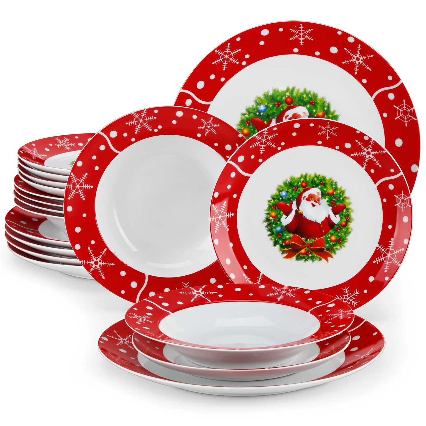 Santa Claus Christmas Dinnerware Set with Dinner Plates, Dessert Plates, Soup Plates & Cups, Premium-Grade Porcelain, Microwave & Dishwasher Safe