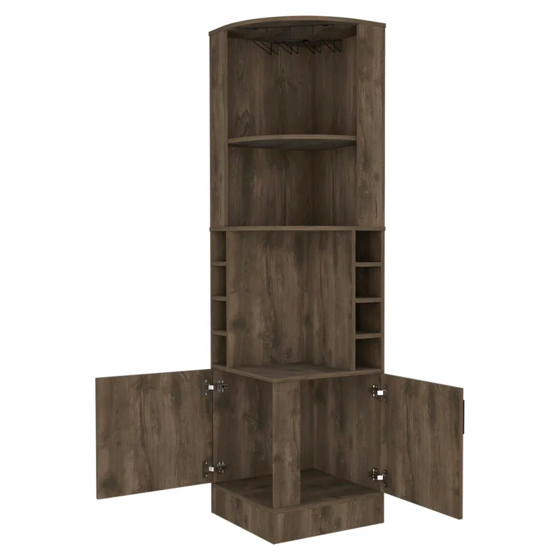 Corner Bar Cabinet with Wine Glass Rack, 8-Bottle Storage Cubbies, 2 Lower Cabinet Doors & 3 Display Shelves