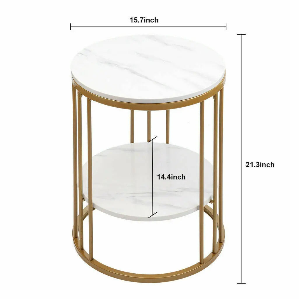 Round 2-Layer White Sintered Stone End Table with Golden Metal Frame, Small Round Coffee Table