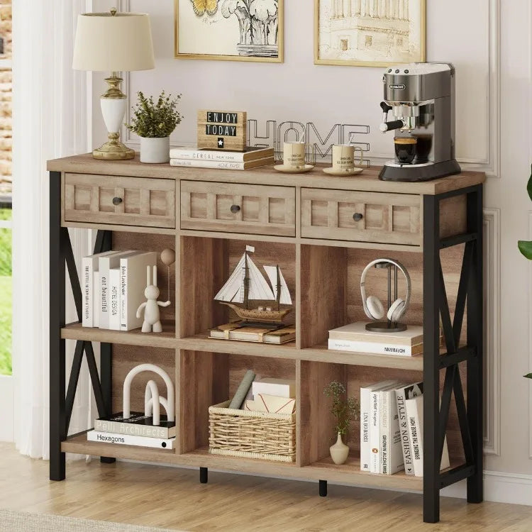 Rustic 3-Tier Sofa Table with 3 Drawers, Hallway Entry Table with Natural Wood Grain & Industrial Metal Frame