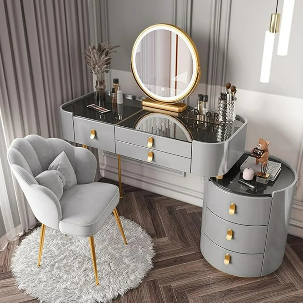 Lighted Makeup Vanity Desk with 3 Drawers, 3-Drawer Side Cabinet, Tempered Glass Desktop, Tri-Color Lighting Mirror & Chair