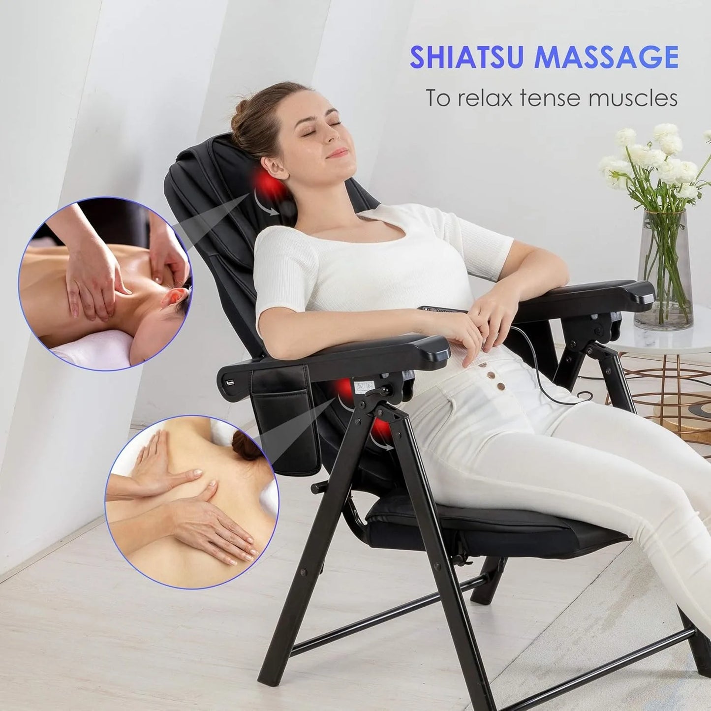 Portable Folding Massage Chair, Shiatsu Neck & Back Massager with Heat, Adjustable Backrest Height, 3 Level Vibrating Seat Massager & Remote