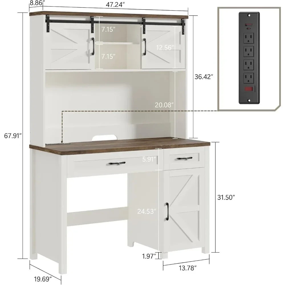 Workstation Computer Desk with On-Off Switch Charging Hub, 2 Sliding Drawers, 2 Storage Cabinets & 6 Cubbies Behind 2 Sliding Doors