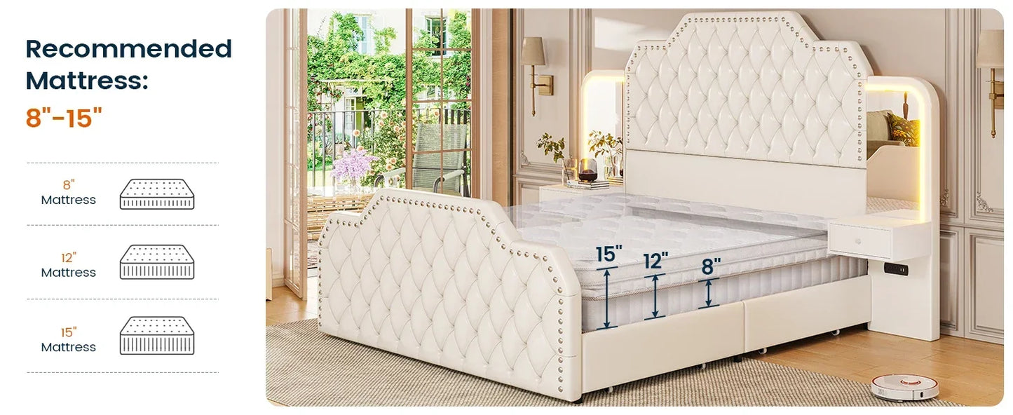 Queen Size 53” Tall Platform Bed Frame with 4 Under the Bed Storage Drawers, Built-in Charging Station, RGB LED Headboard Lights & 2 Mirrors