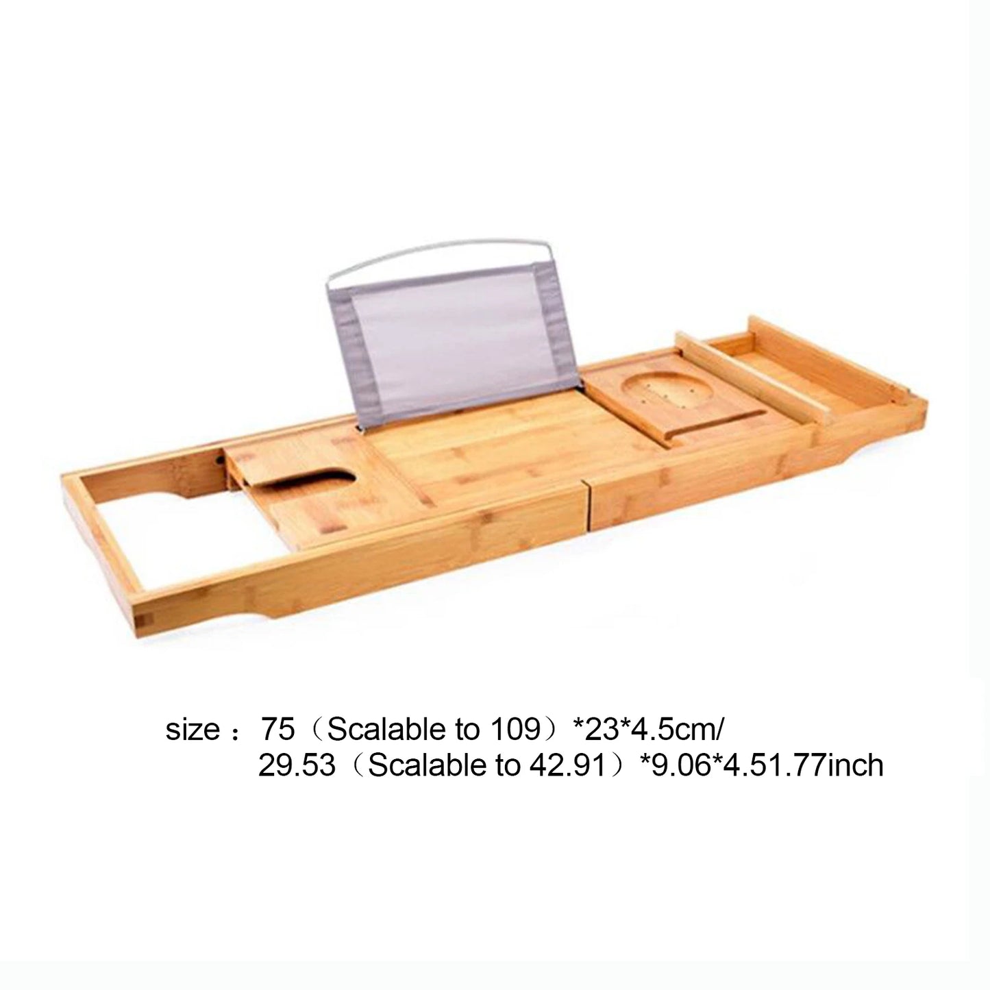 Bathtub Caddie Tray with Detachable Storage Box, Adjustable Length to Fit Tub, Bamboo Wood