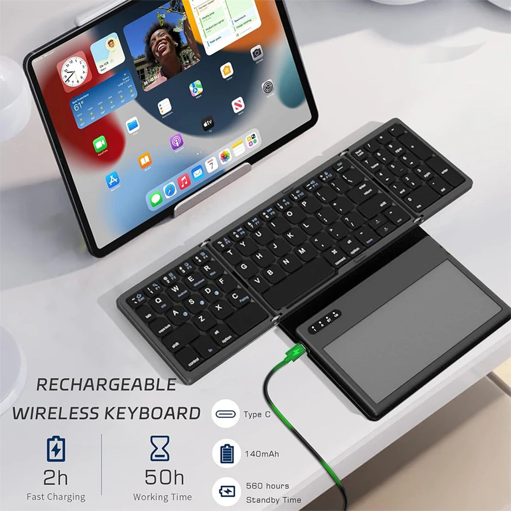 Foldable Bluetooth-Compatible Keyboard with Large Touchpad, Quadruple Folding Portable Travel Keyboard for Android, IOS, Windows