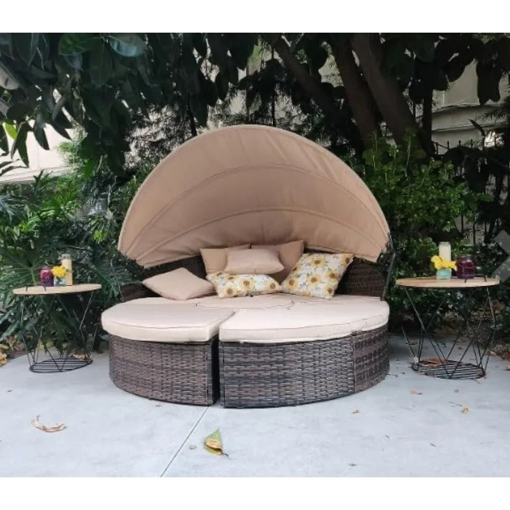 Outdoor Terrace Canopy Bed with Retractable Canopy & Washable Thick Cushions, Clamshell Shaped Segmented Seats