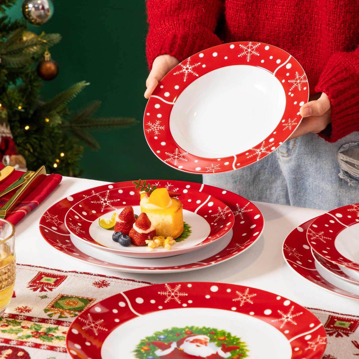 Santa Claus Christmas Dinnerware Set with Dinner Plates, Dessert Plates, Soup Plates & Cups, Premium-Grade Porcelain, Microwave & Dishwasher Safe