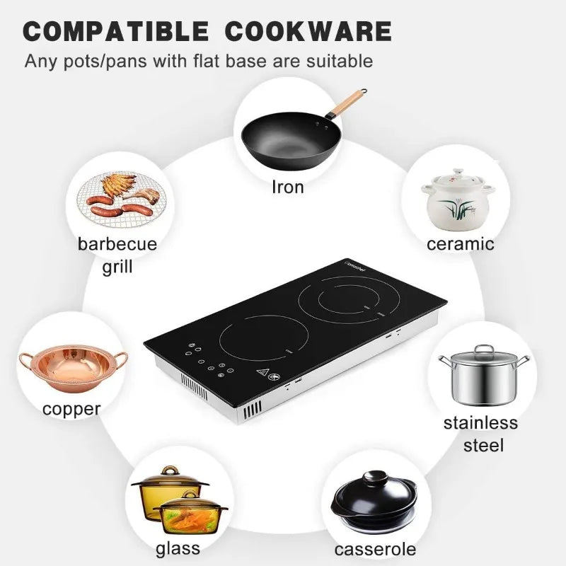 Electric 1800W Cooktop with 2 Burners, Touch Screen Control, 9 Power Levels, Ceramic Glass Panel