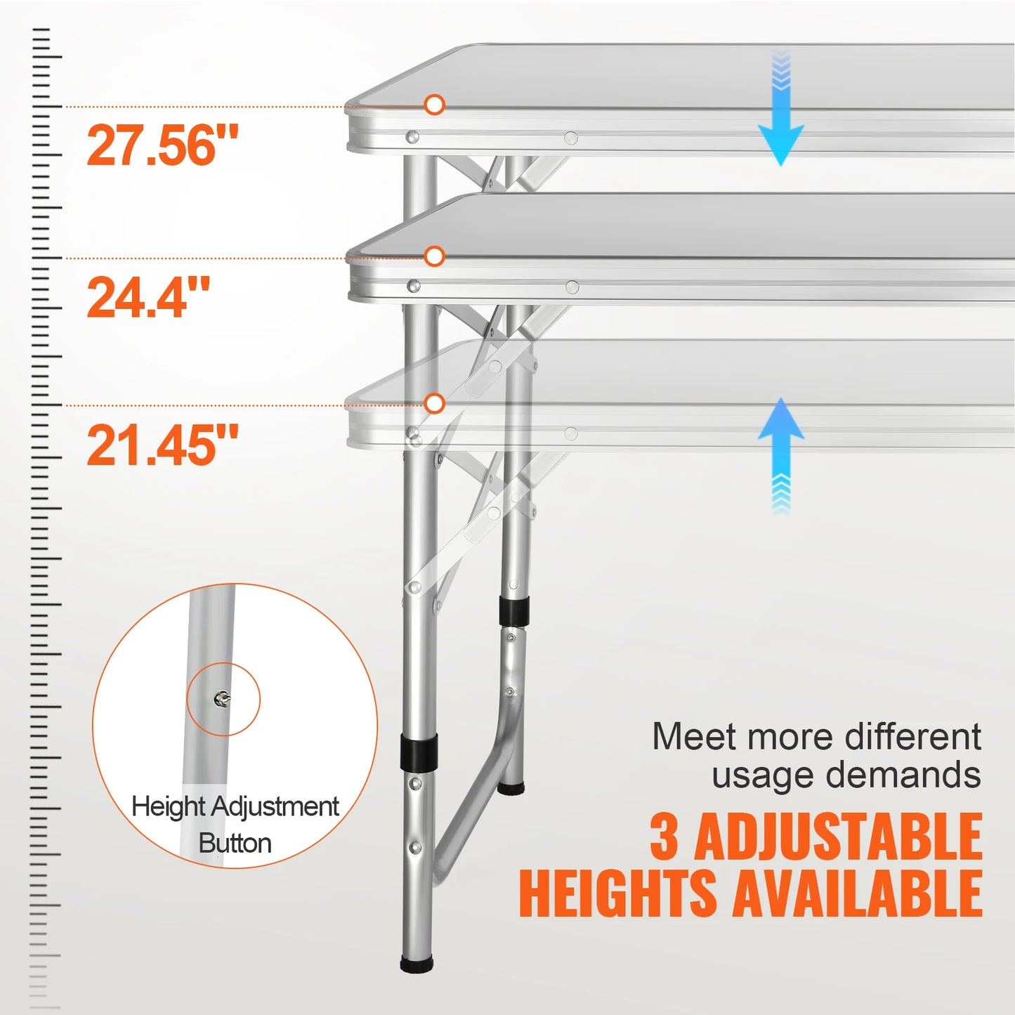 Adjustable Height Aluminum Camping Table with Zippered Storage Compartments, Folds in Half & Carry Handle for Travel