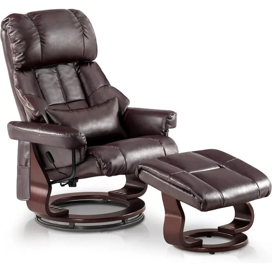 Swivel Recliner Chair & Ottoman with Remote Controlled Vibration Massage, Removable Lumbar Pillow & Ball-Bearing 360° Swivel Wood Base