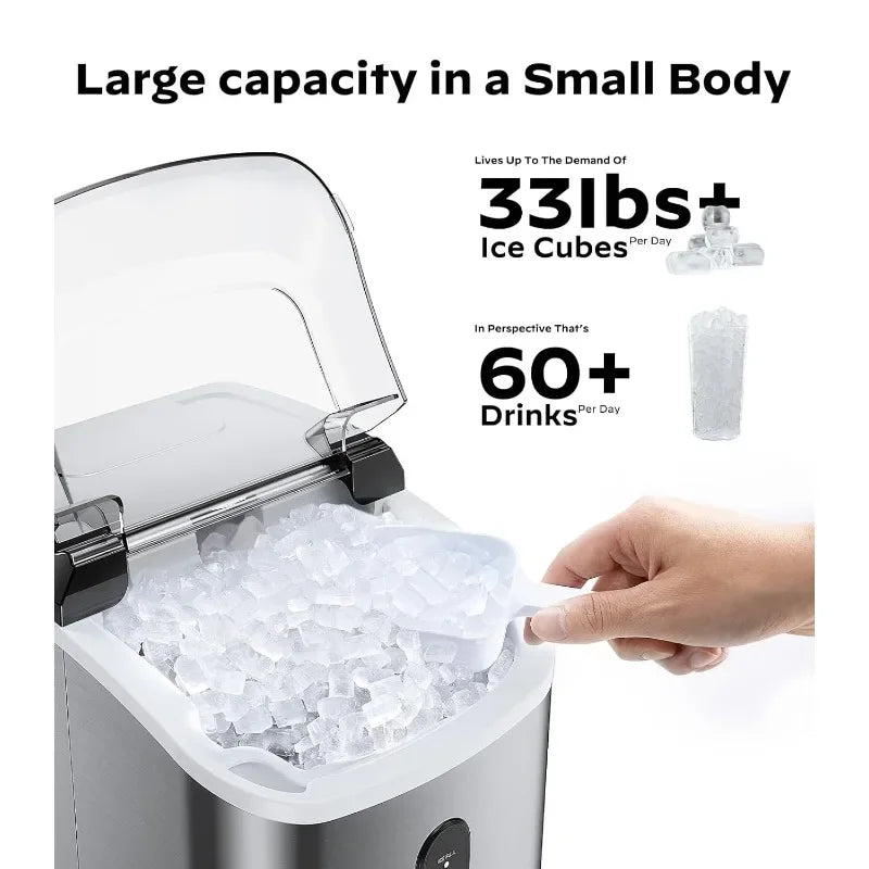 Chewable Nugget Ice Machine with Self-Cleaning Function, Produces 33lbs. in 24 Hours, Compact & Portable Ice Makers for Home