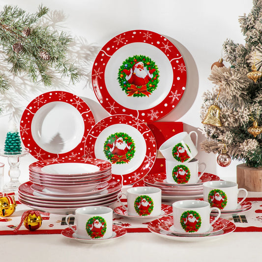 Santa Claus Christmas Dinnerware Set with Dinner Plates, Dessert Plates, Soup Plates & Cups, Premium-Grade Porcelain, Microwave & Dishwasher Safe