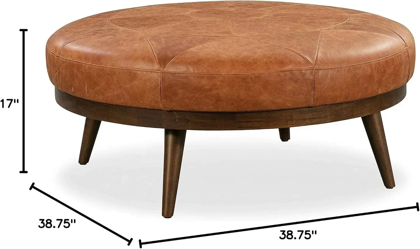 Modern Full-Grain Leather Ottoman with Tapered Solid Wood Legs, Non-Skid Rubber Foot Pads & High-Density Foam Filling