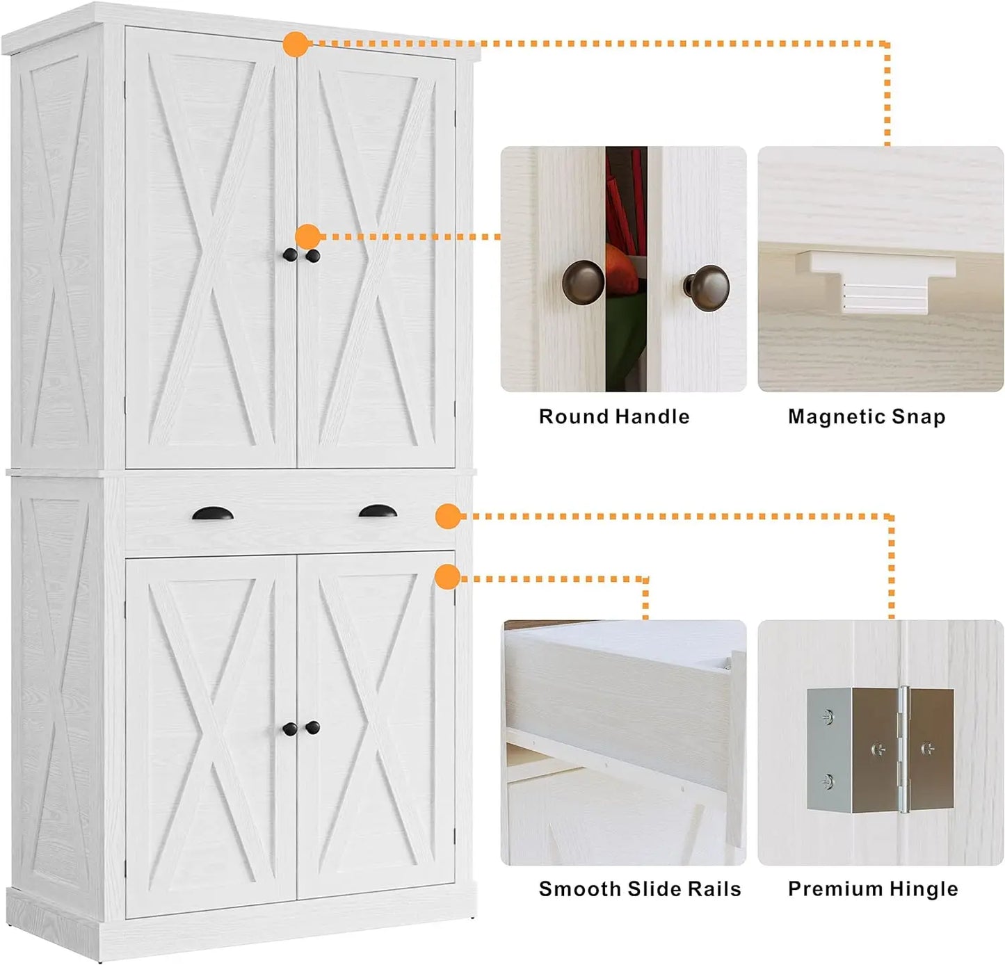 Kitchen Pantry Storage Cabinet 72", with Barn Style Doors, Drawer, 3 Adjustable Shelves, Freestanding Cupboard, White