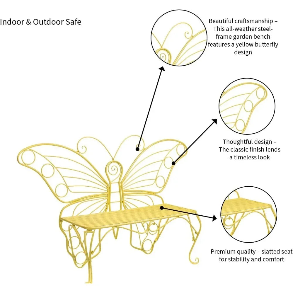 Butterfly Shaped 2 Person Indoor/Outdoor Metal Bench, Colorful Powder-Coated Tubular Frame, Yellow