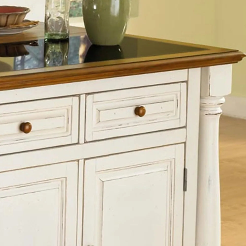 Monarch White Kitchen Island with Distressed Oak Top, Black Granite Top Inset, 2 Door Cabinet with 4 Adjustable Shelves & 2 Drawers