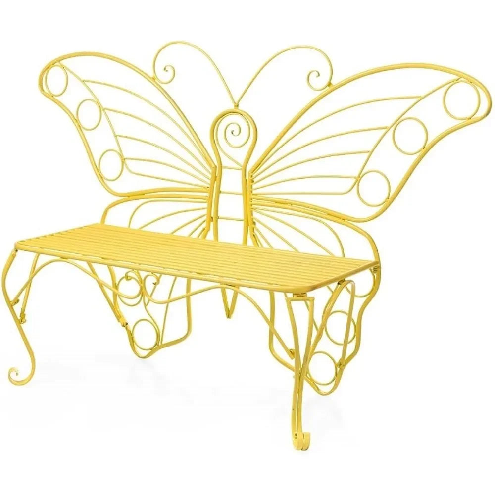 Butterfly Shaped 2 Person Indoor/Outdoor Metal Bench, Colorful Powder-Coated Tubular Frame, Yellow